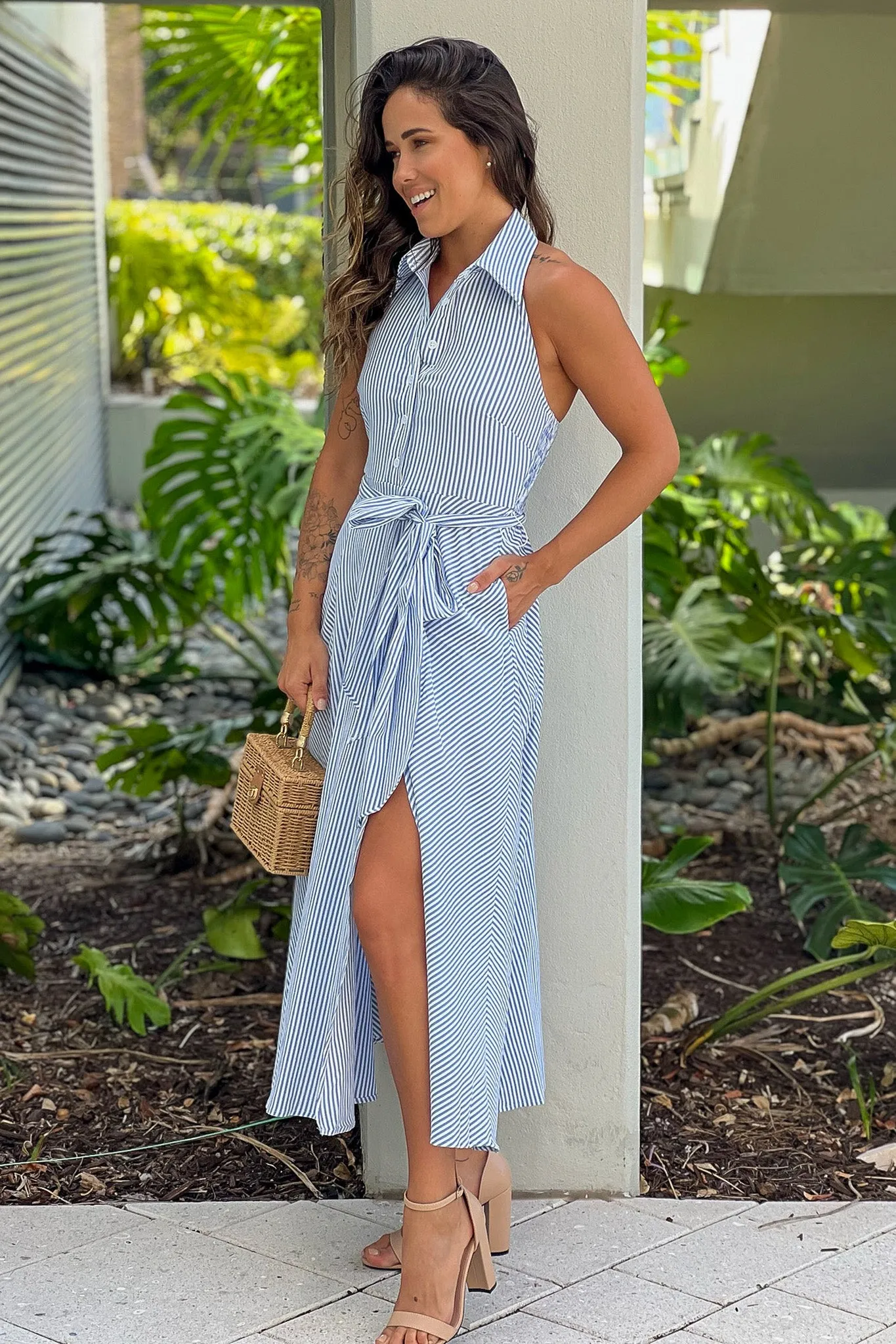 Blue Striped Button Down Dress