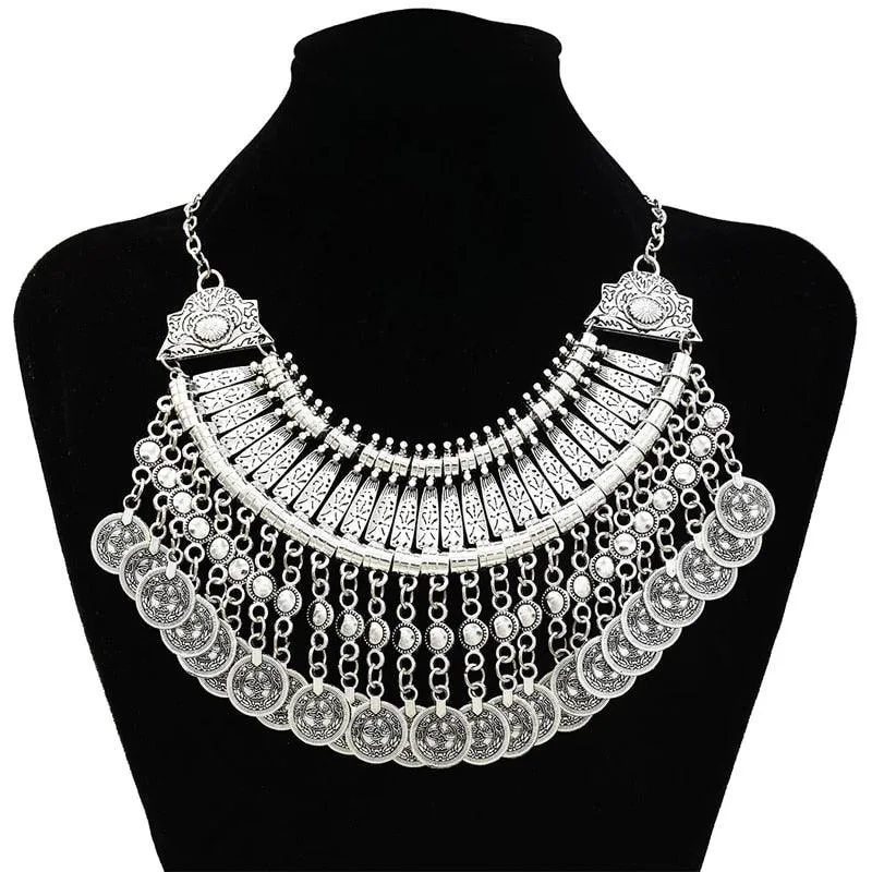 Bohemian Silver Fringe Statement Necklace