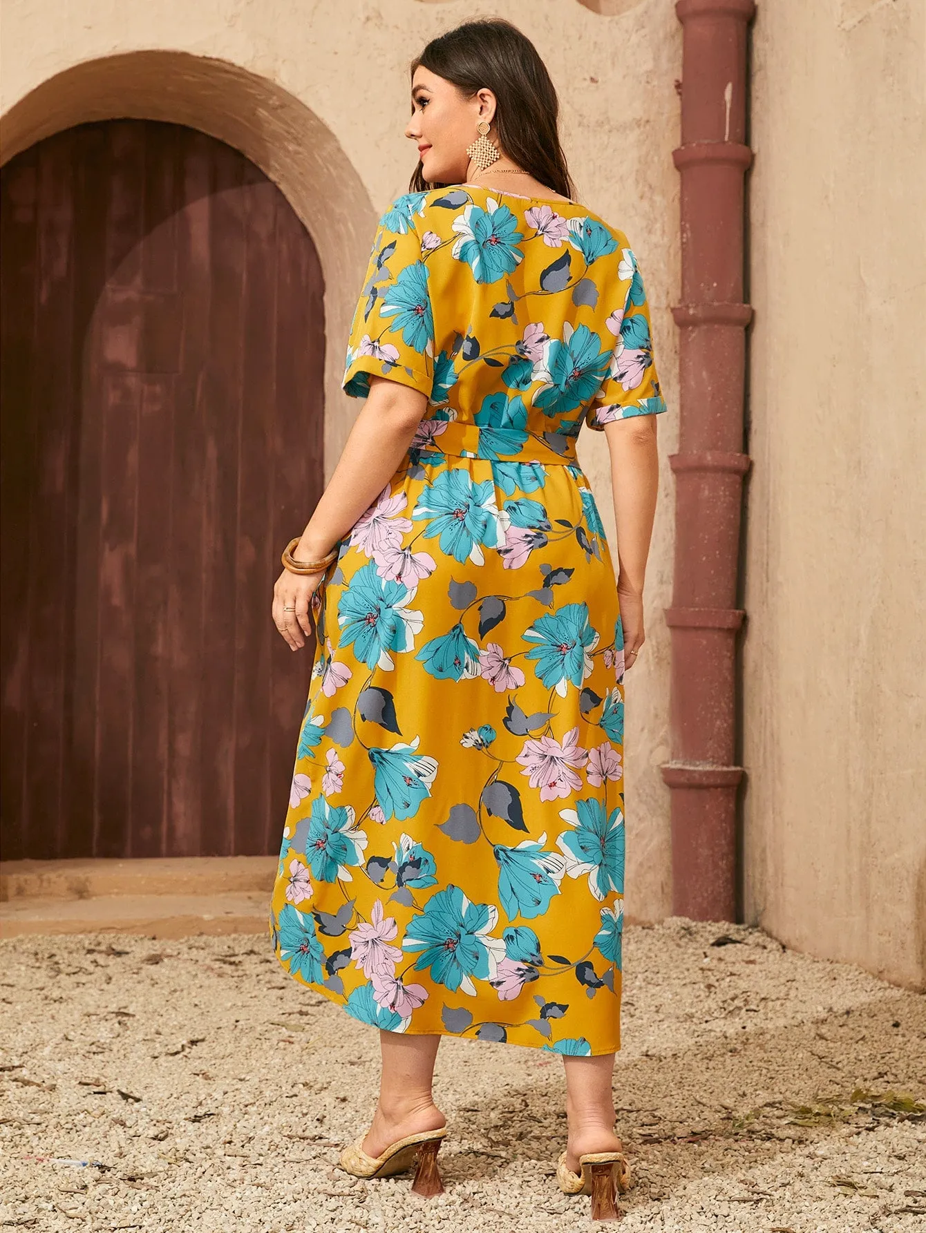 Boho Floral Wrap Short Sleeve V Neck Wrap High Waist Long Plus Size Dress