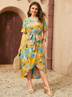 Boho Floral Wrap Short Sleeve V Neck Wrap High Waist Long Plus Size Dress