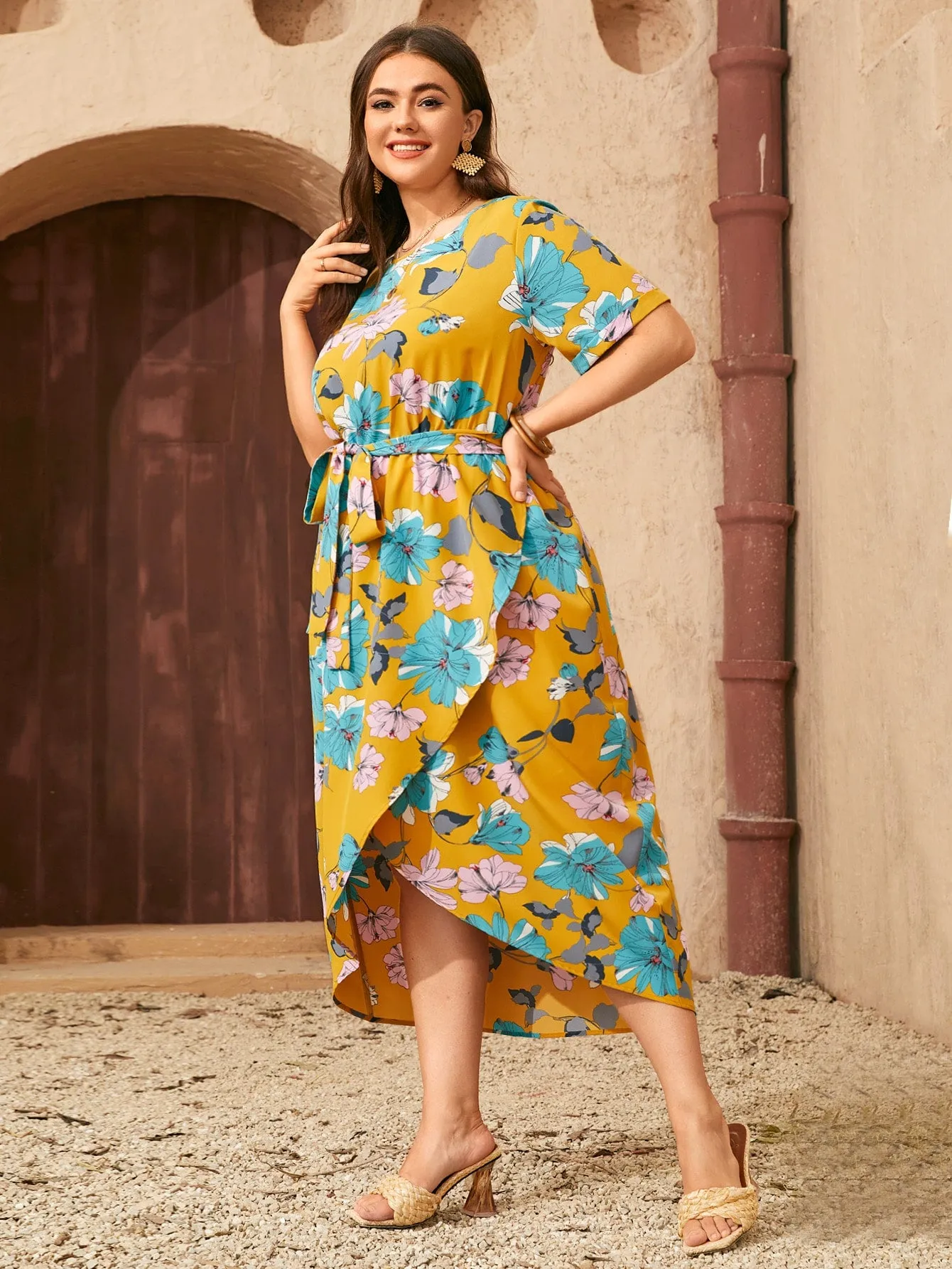 Boho Floral Wrap Short Sleeve V Neck Wrap High Waist Long Plus Size Dress