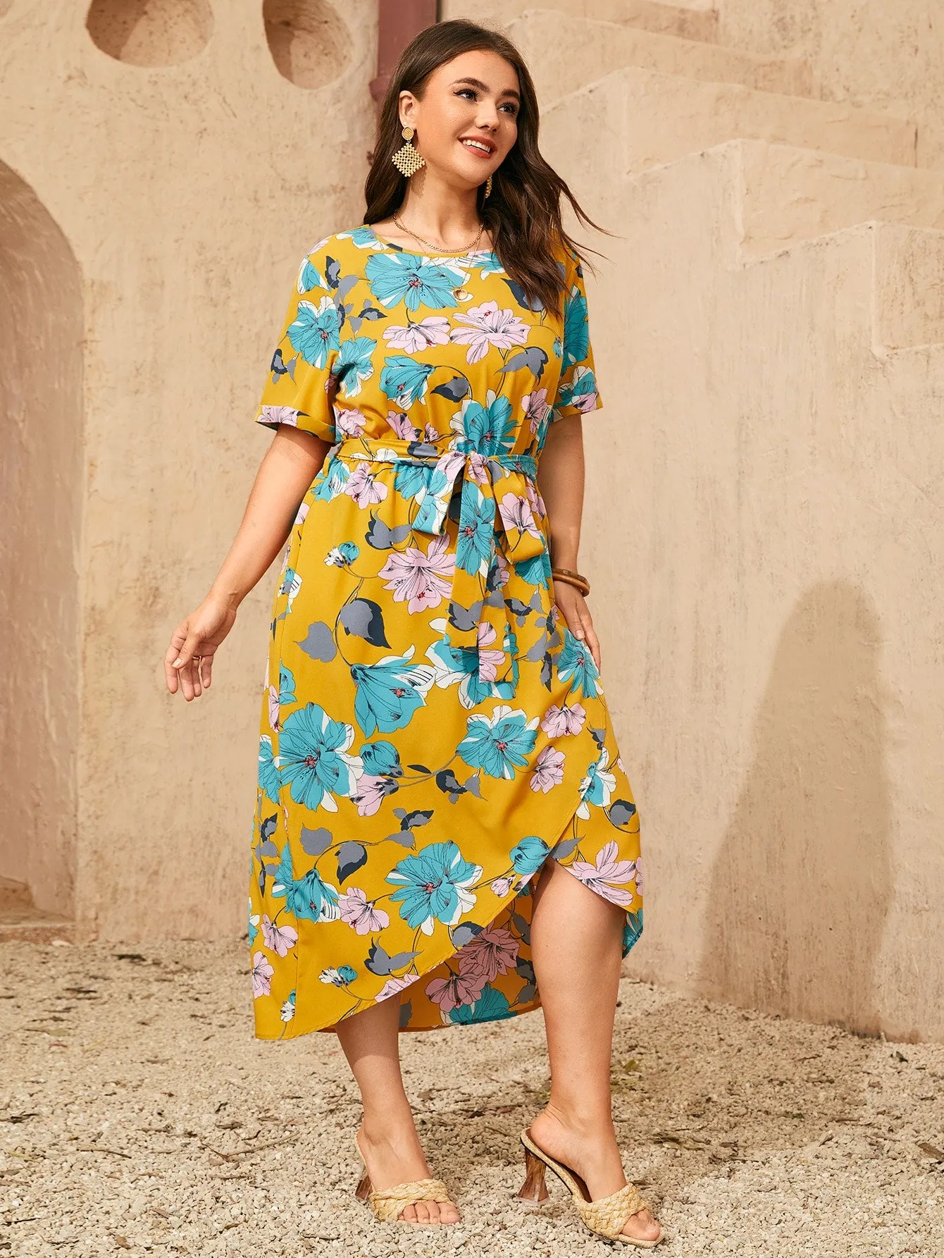 Boho Floral Wrap Short Sleeve V Neck Wrap High Waist Long Plus Size Dress