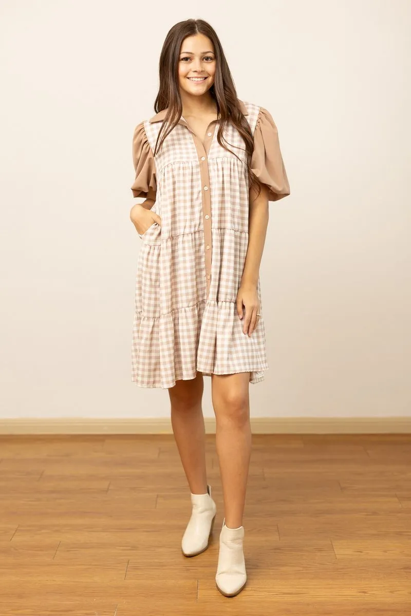 Brown Gingham Button Down Dress