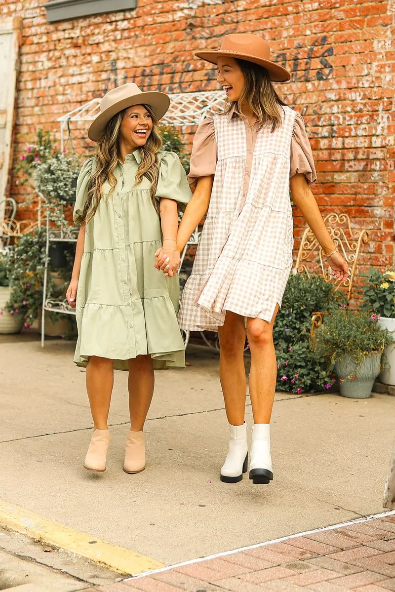 Brown Gingham Button Down Dress