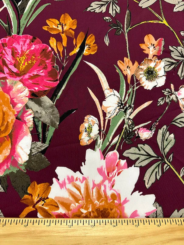 Burgundy Floral Print Poly Chiffon Fabric