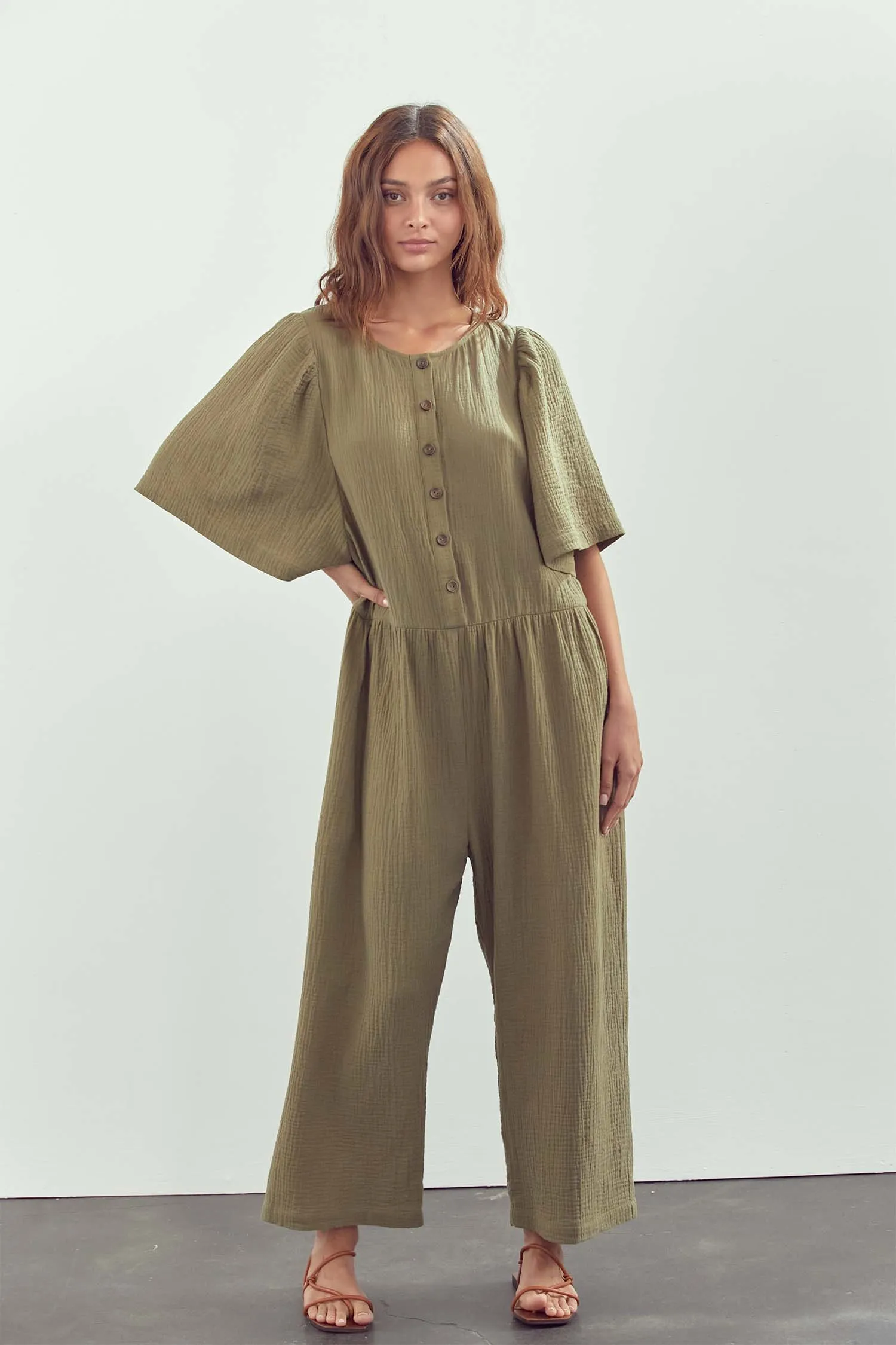 Button-down volume sleeve jumpsuit