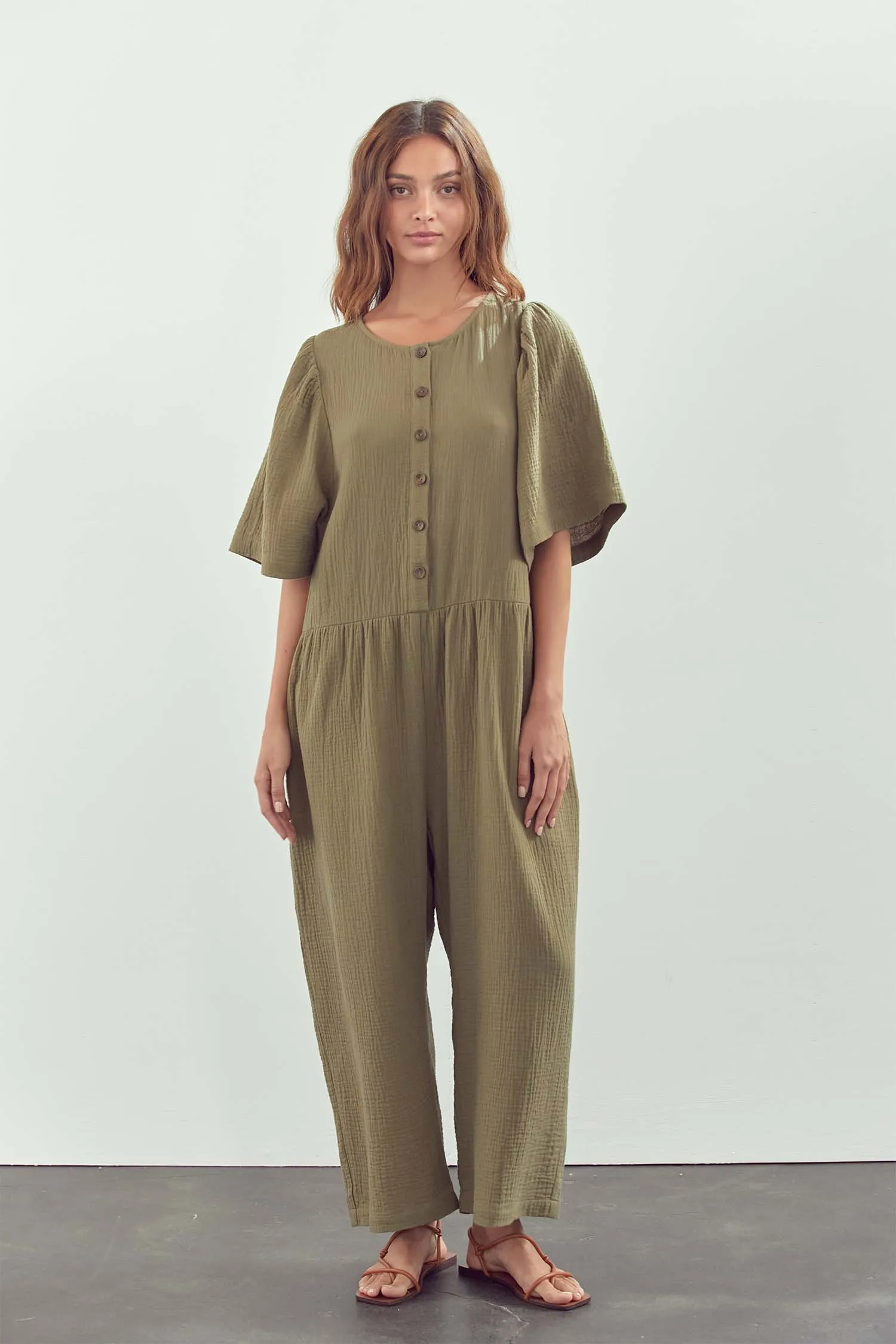 Button-down volume sleeve jumpsuit