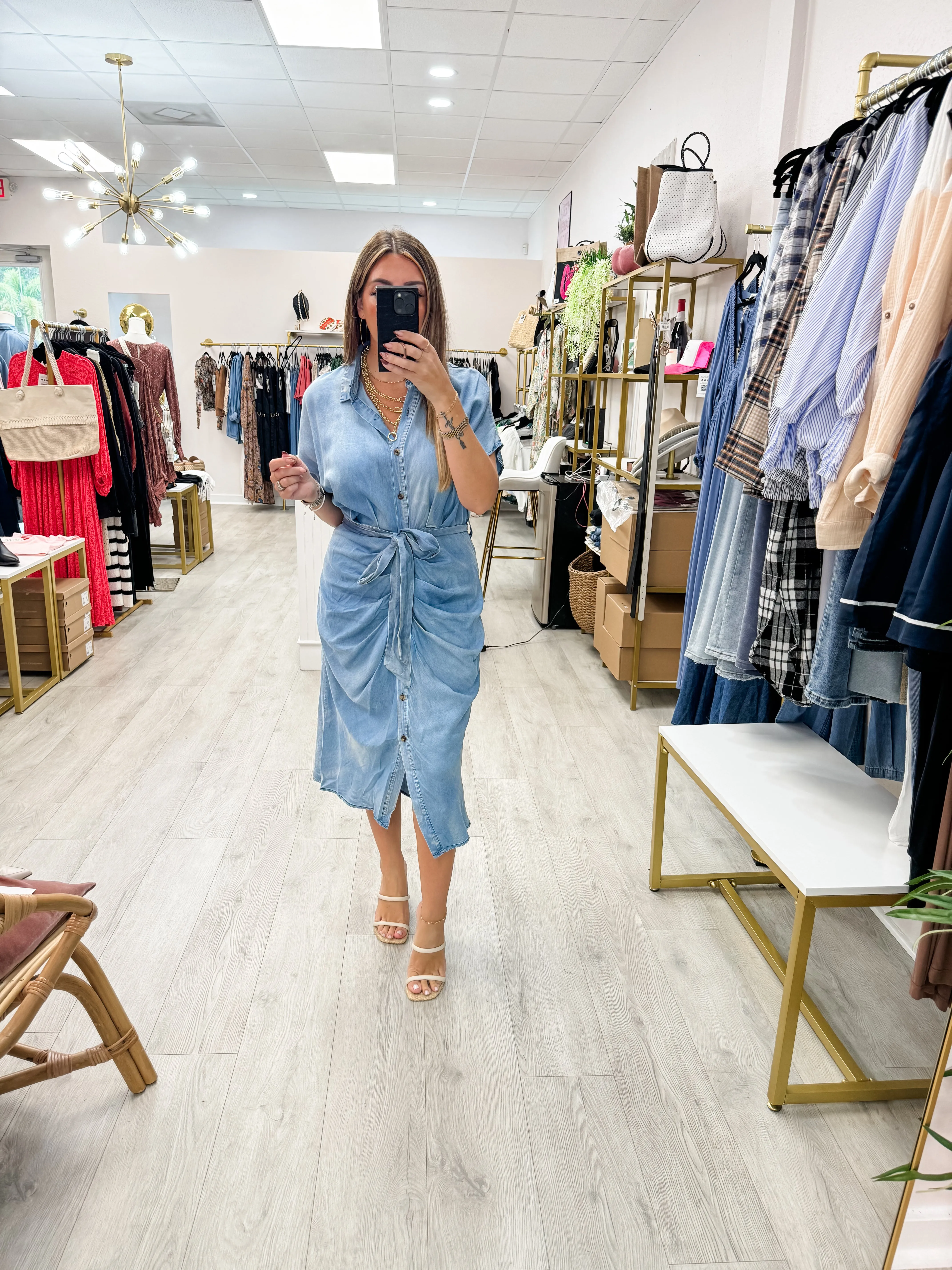 Chambray Button Down Tie Dress