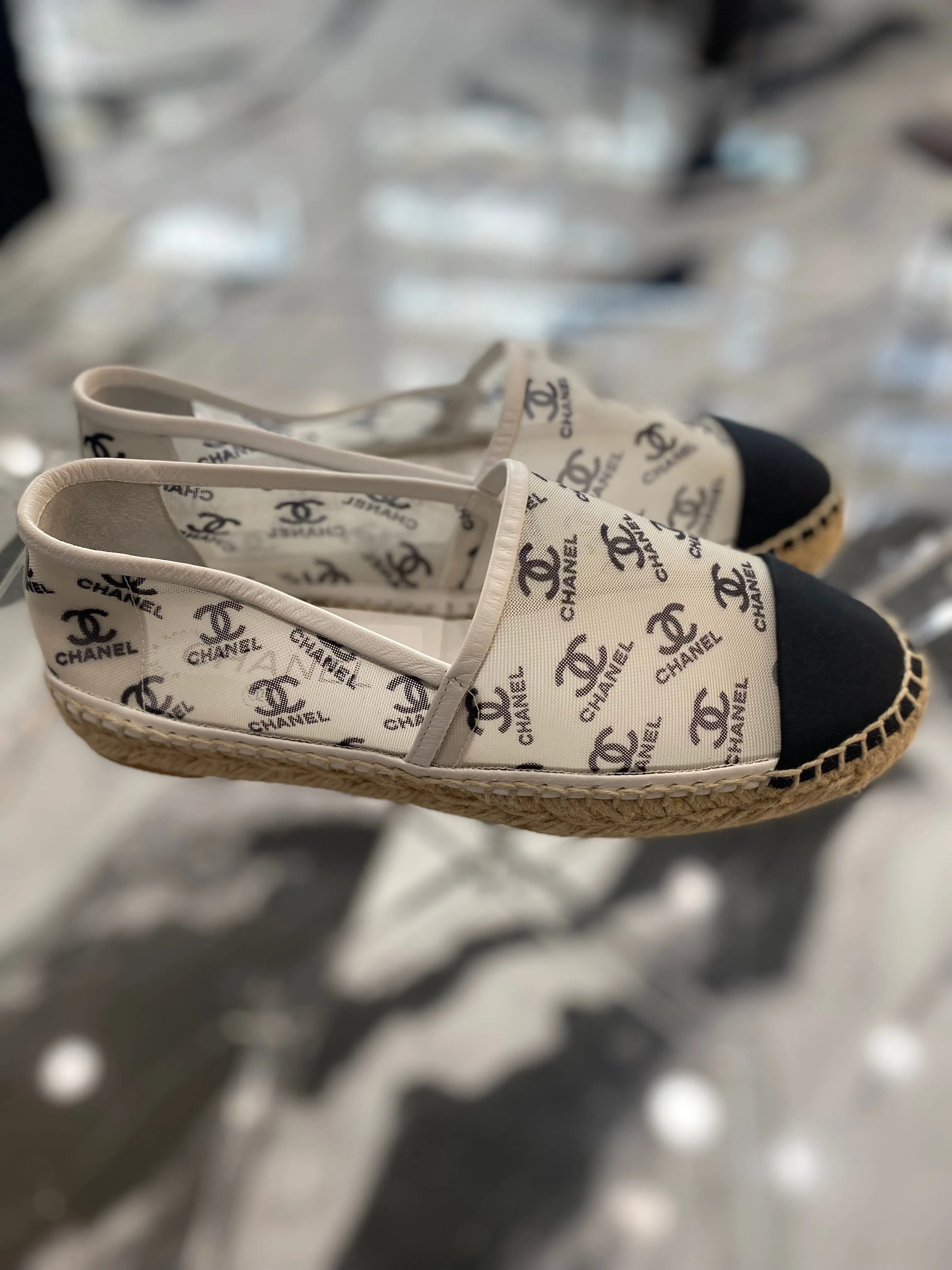 CHANEL CC PRINT MESH FABRIC ESPADRILLES