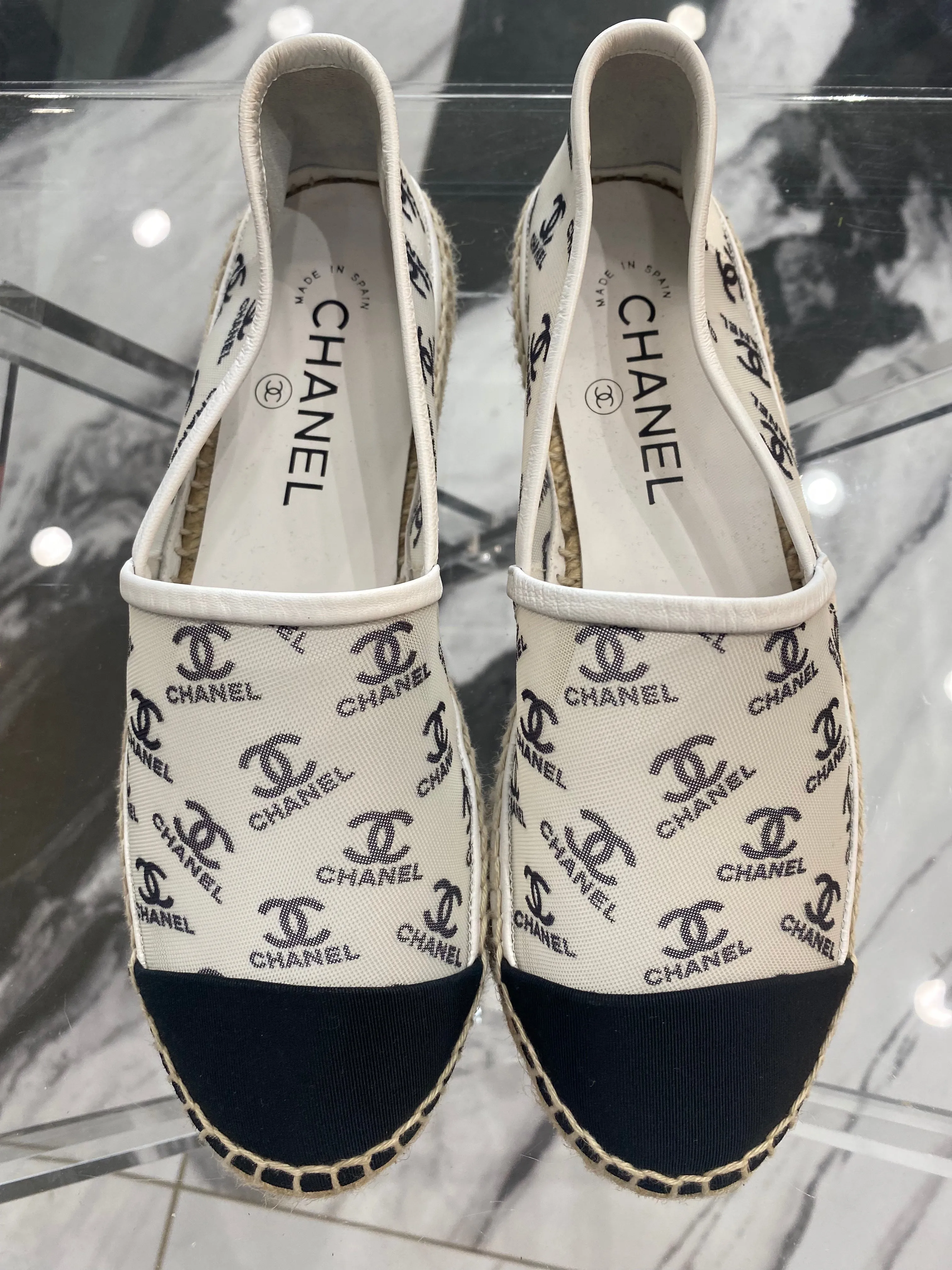 CHANEL CC PRINT MESH FABRIC ESPADRILLES