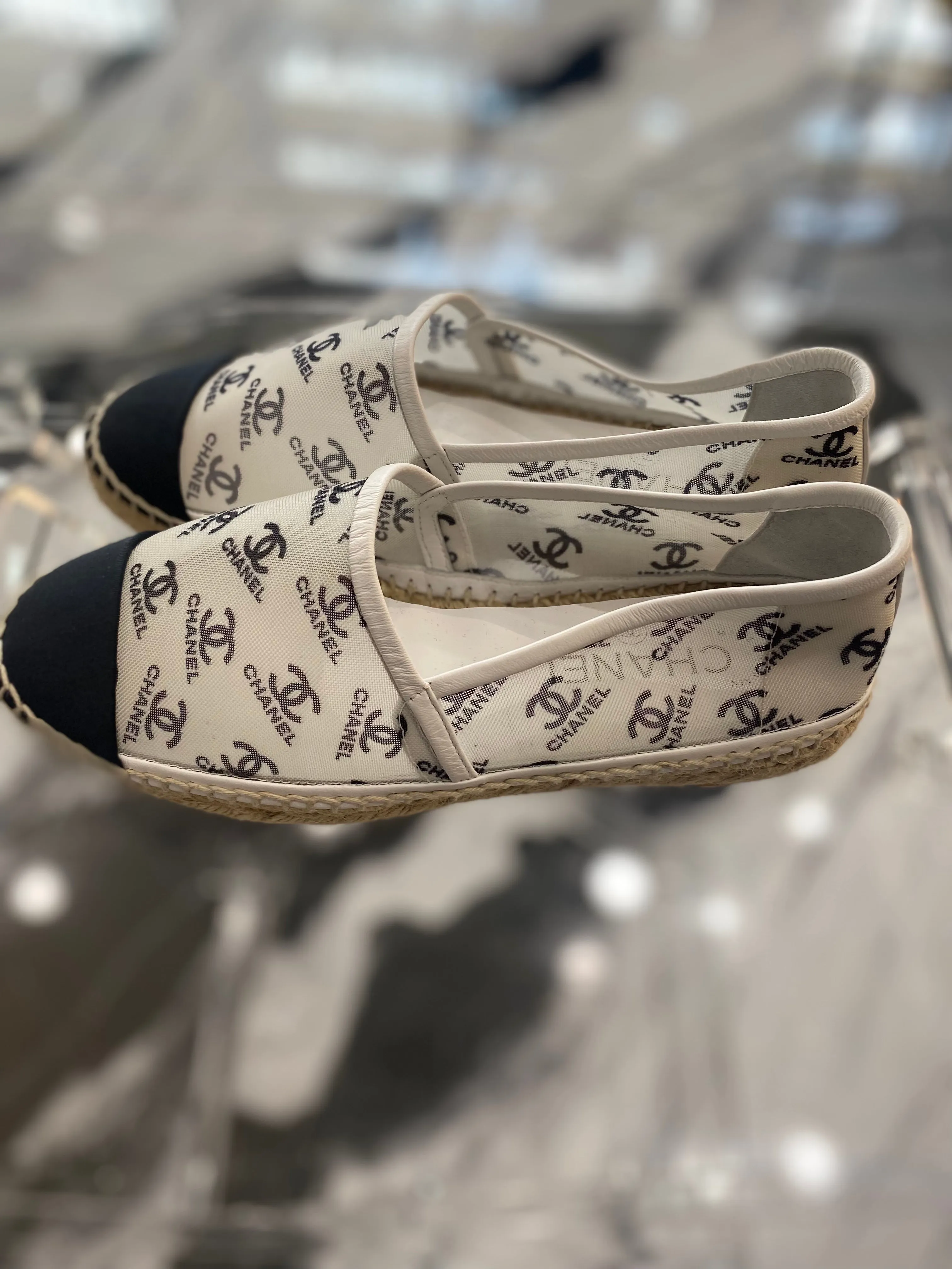 CHANEL CC PRINT MESH FABRIC ESPADRILLES