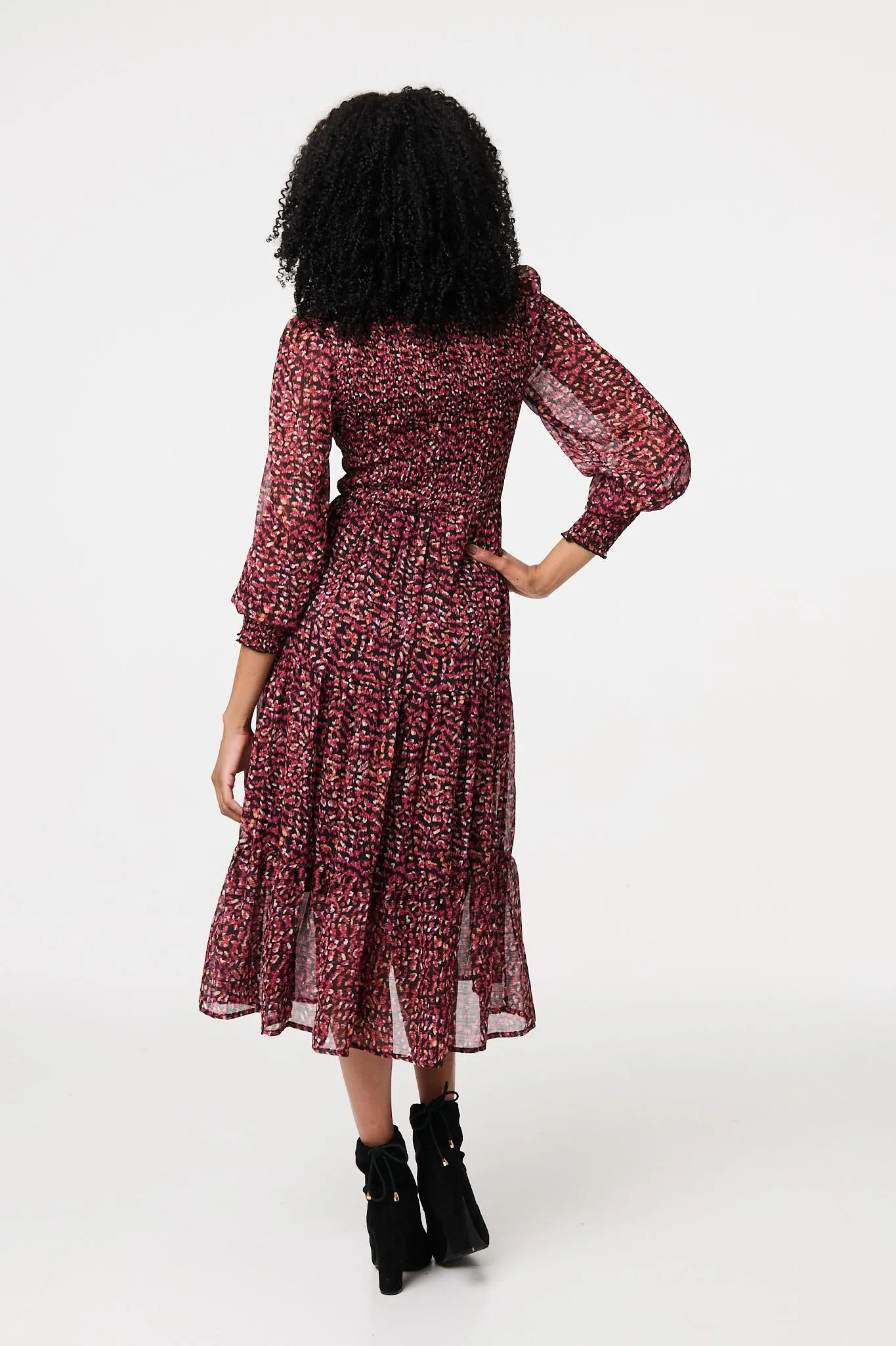 Ditsy Floral Tier Puff Sleeve Midi Dress