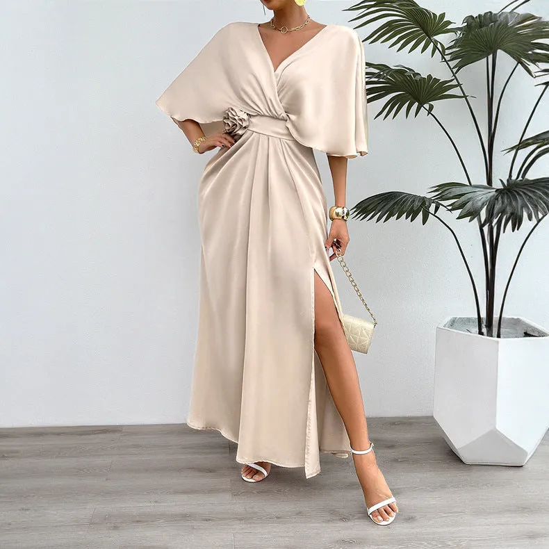 Elegant V-Neck Bat Sleeve Slit Dresses Wholesale Womens Clothing N3824062100014