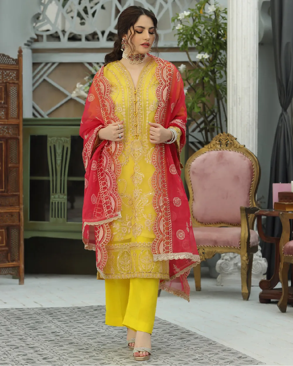 Embroidered Yellow Organza Salwar Kameez Pakistani Dresses