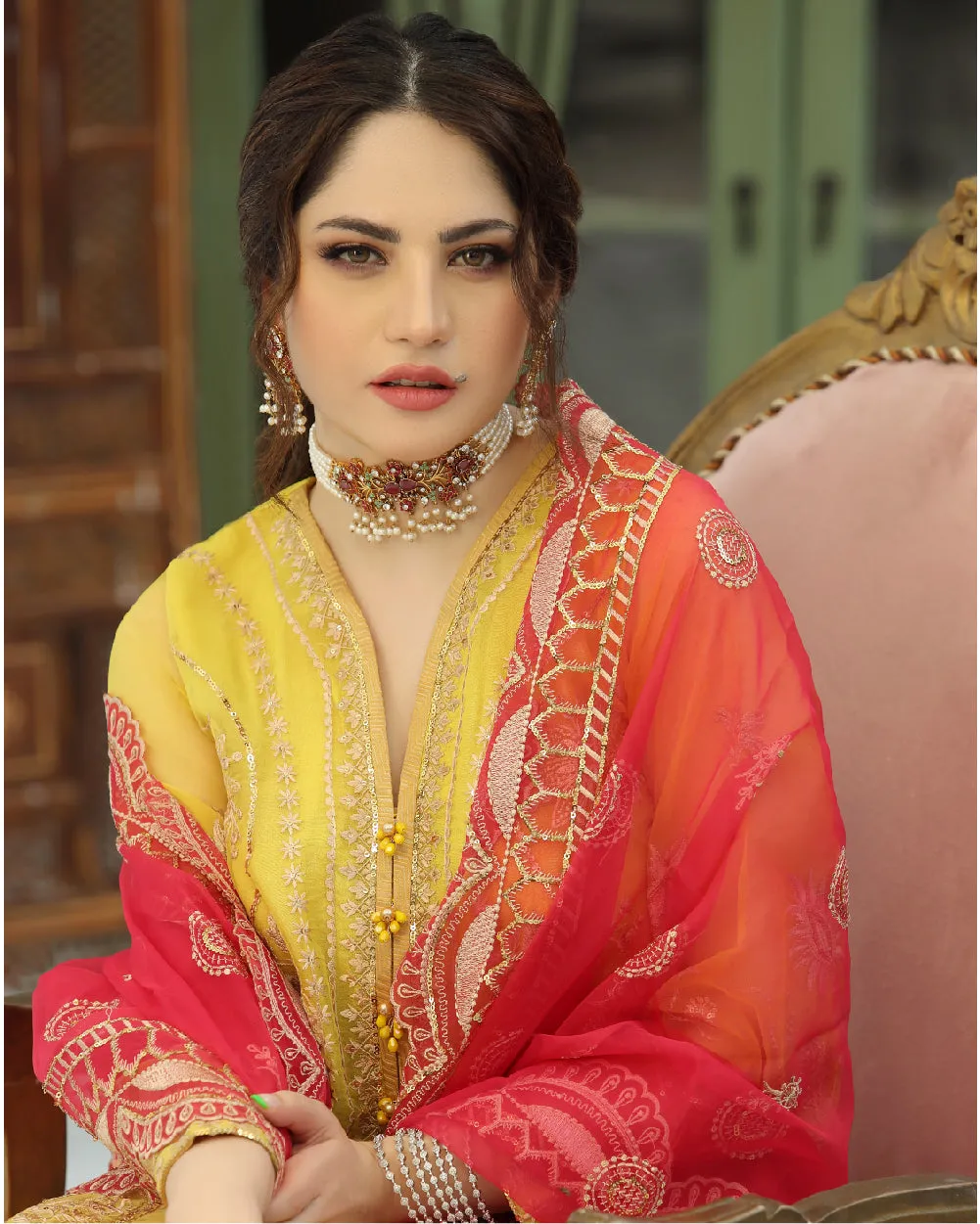 Embroidered Yellow Organza Salwar Kameez Pakistani Dresses