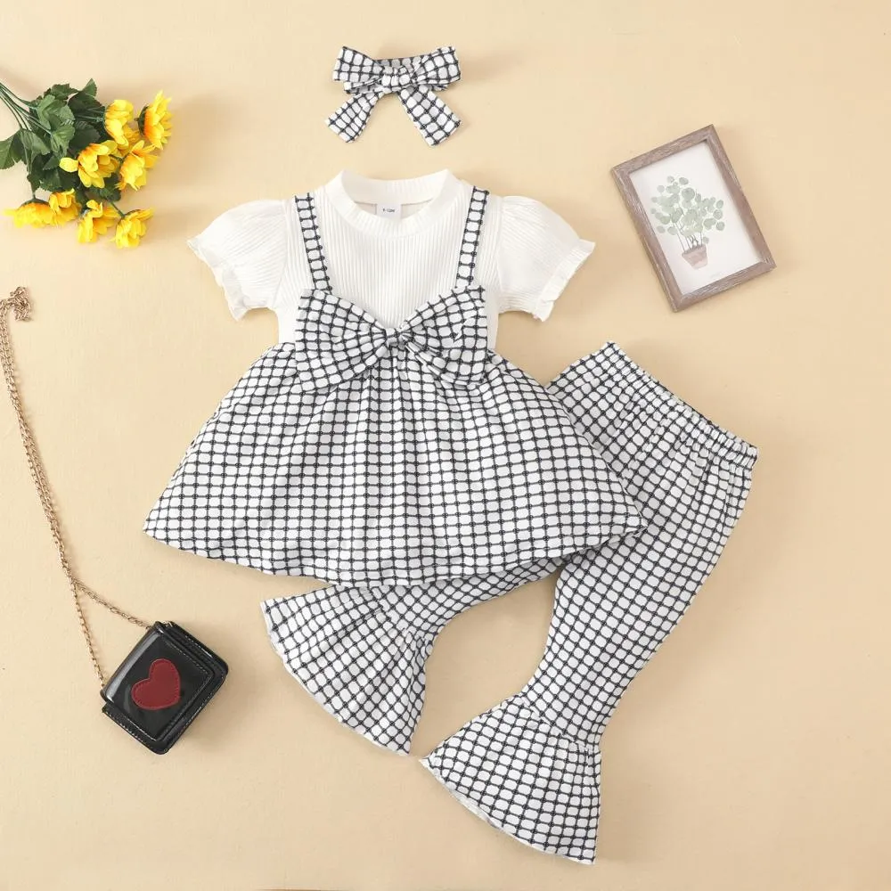 Girls Short Sleeve Bow Top Flared Pants Suit Fake Suspender Culottes Suit Wholesale Girl Clothes