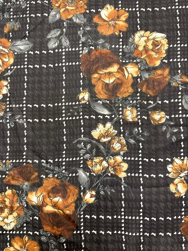 Gold Floral Plaid Print Poly Chiffon Fabric