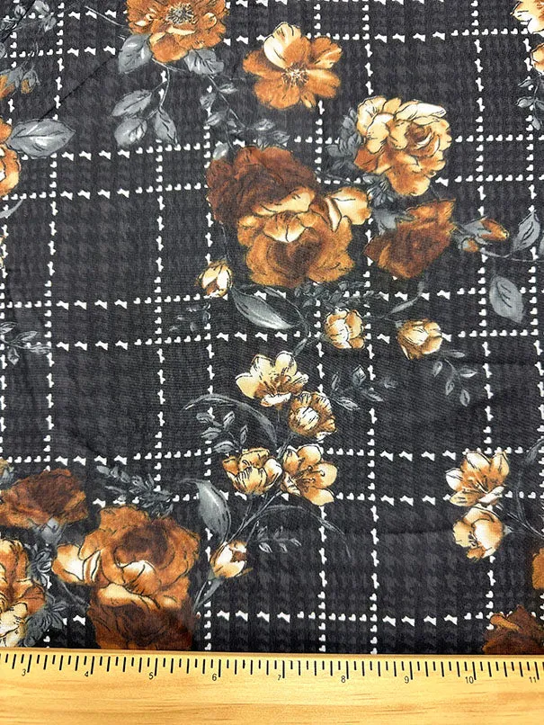 Gold Floral Plaid Print Poly Chiffon Fabric