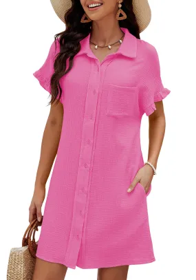 Hot Pink Women's Beach Cover Up Dress Button Down Shirt Ruffle Sleeves Dresses Casual Summer With Pockets