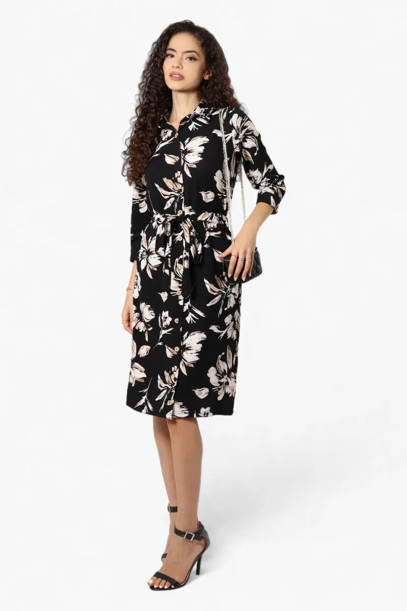 Impress Floral Belted Button Down Day Dress - Black