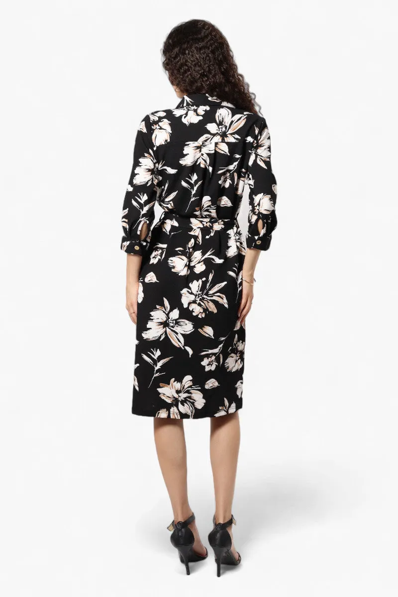 Impress Floral Belted Button Down Day Dress - Black