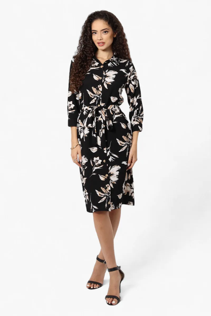 Impress Floral Belted Button Down Day Dress - Black