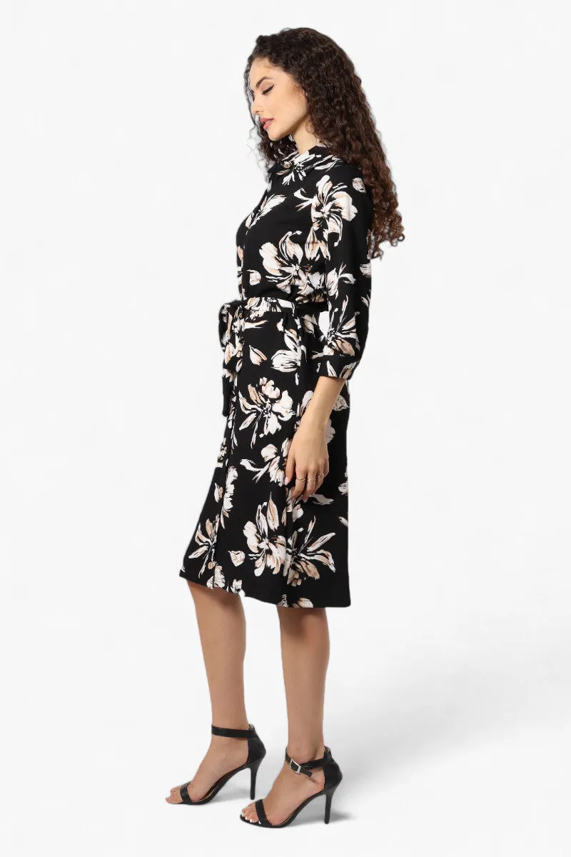 Impress Floral Belted Button Down Day Dress - Black