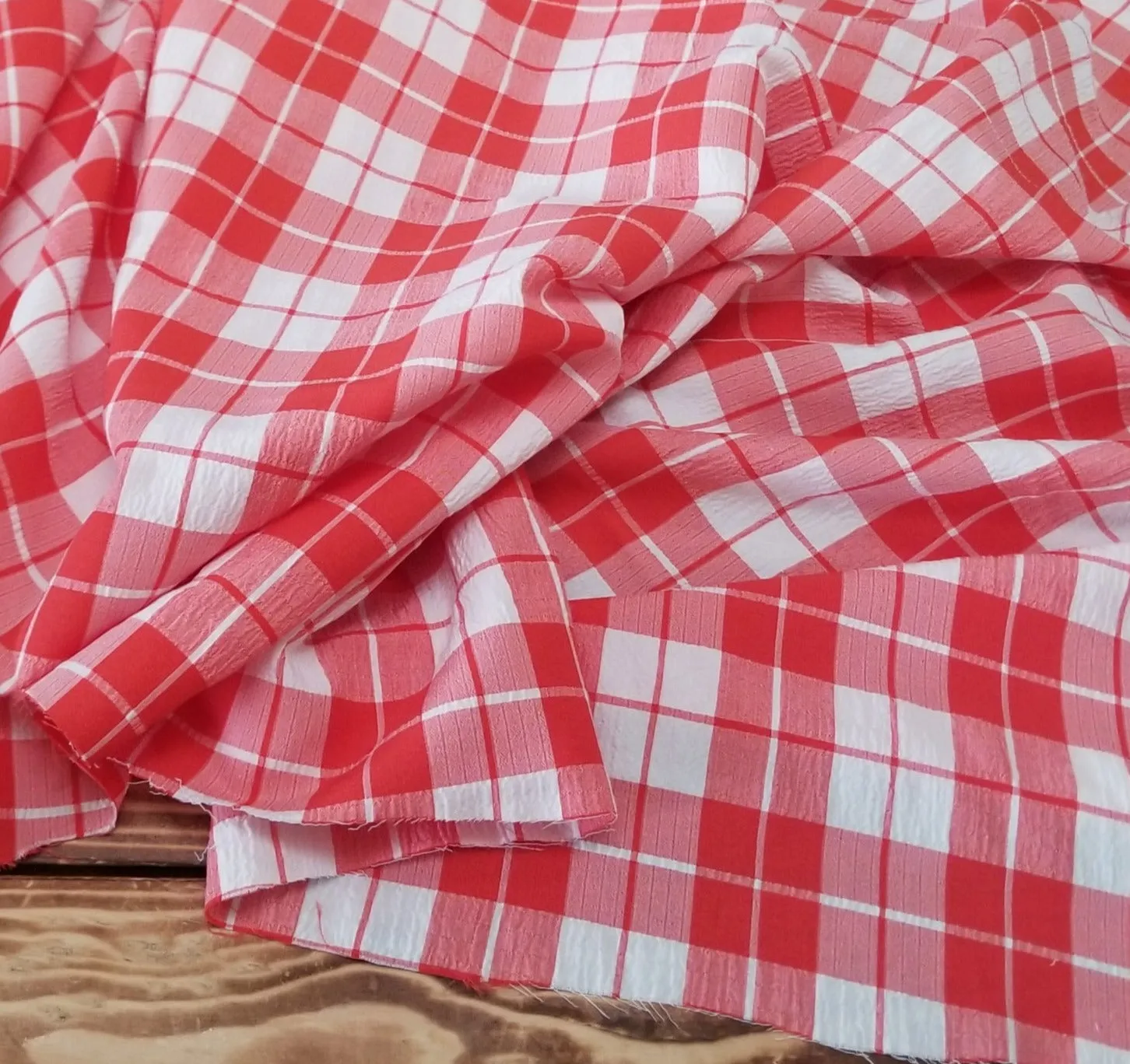 LA Finch 5 yard precuts: 5 yards of Designer Deadstock Apple Red Picnic Gingham White Textured Seersucker Poly Rayon Spandex Woven