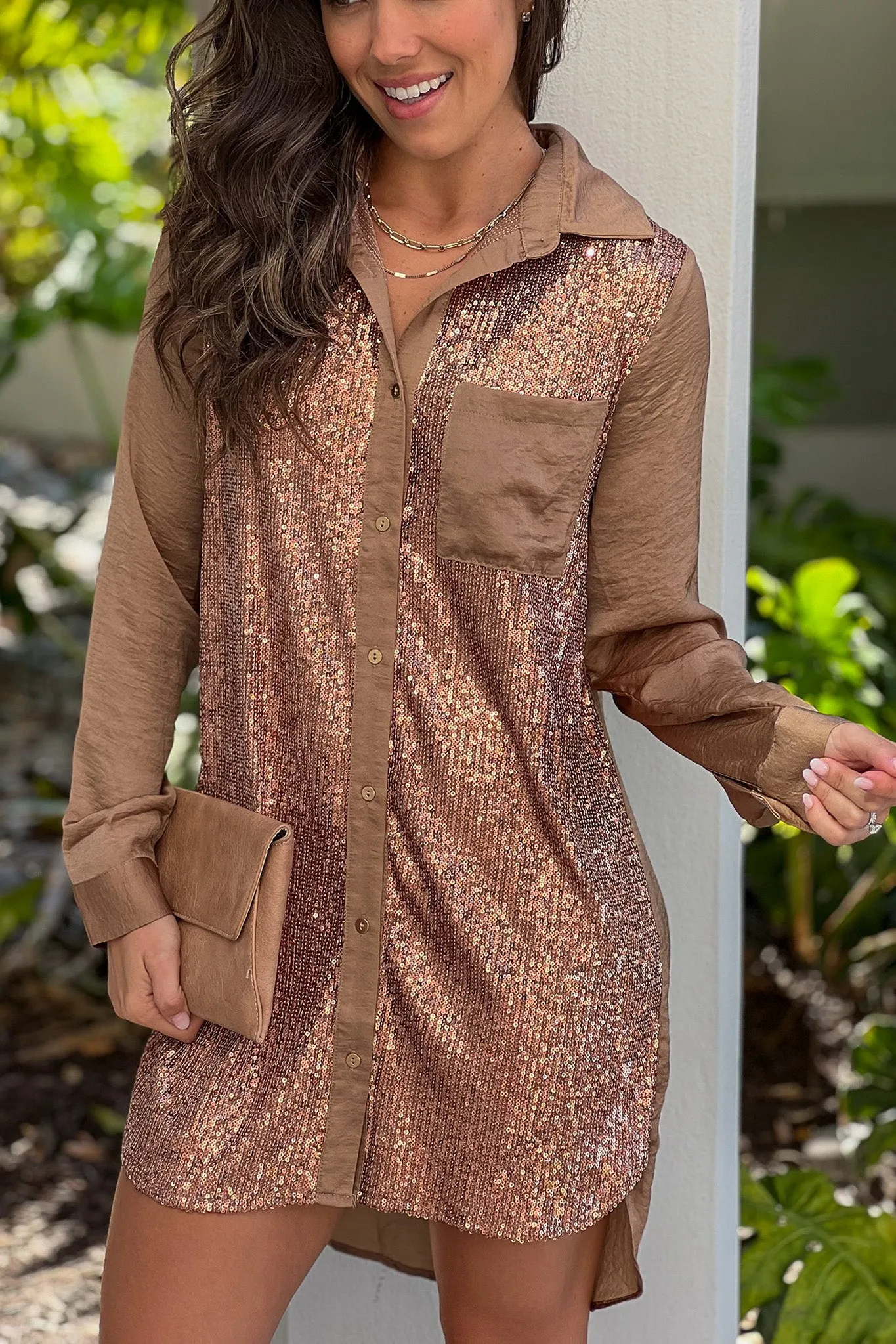 Latte Button Down Sequin Shirt Dress