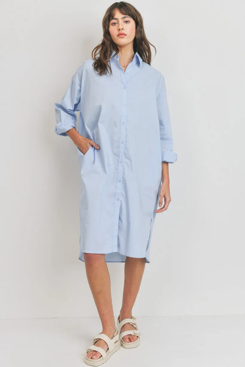 Long Sleeve Collared Button Down Pocket Dress