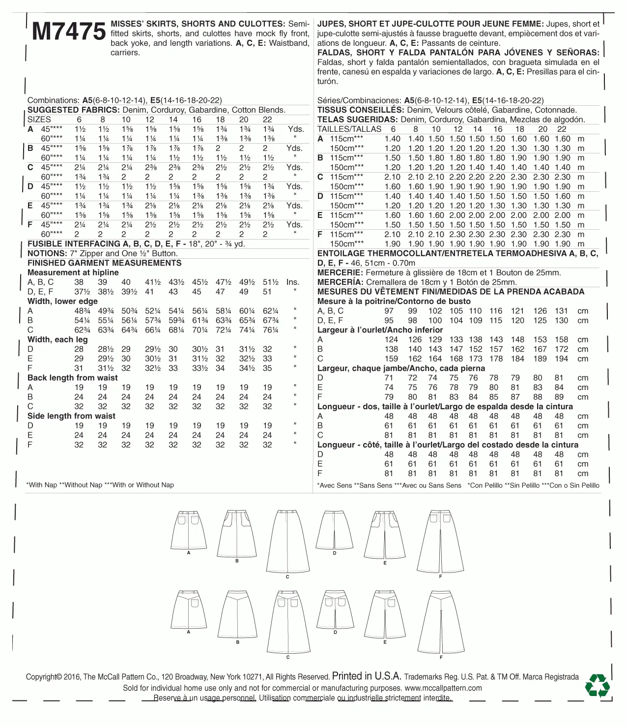 McCall's Pattern M7475 Misses' Flared Skirts, Shorts and Culottes