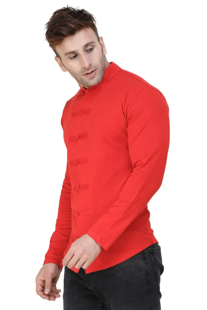 Men's Self Pattern Cotton Red Mandarin Tees