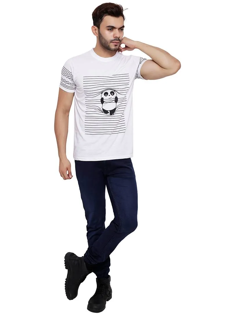 Men's White Cotton Blend Printed Round Neck Tees