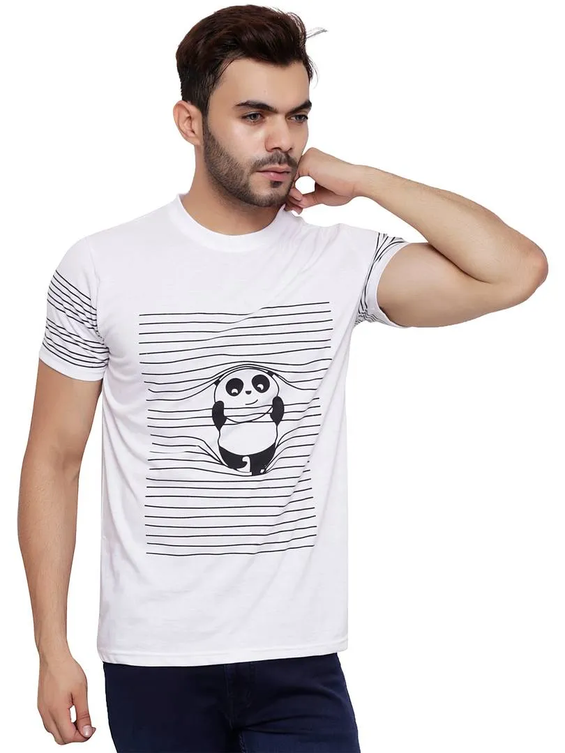 Men's White Cotton Blend Printed Round Neck Tees