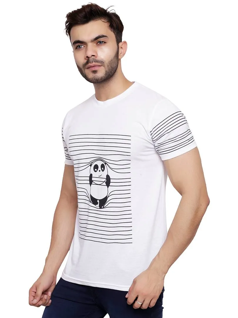 Men's White Cotton Blend Printed Round Neck Tees