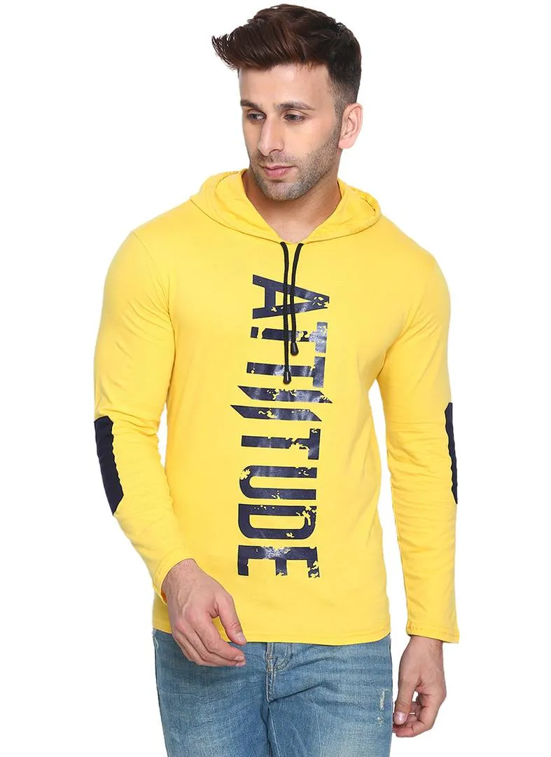 Men's Yellow Cotton Printed Hooded Tees