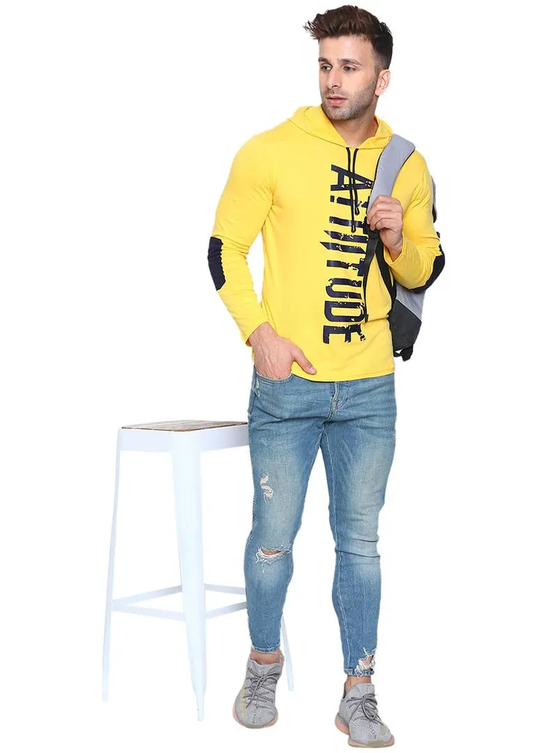 Men's Yellow Cotton Printed Hooded Tees