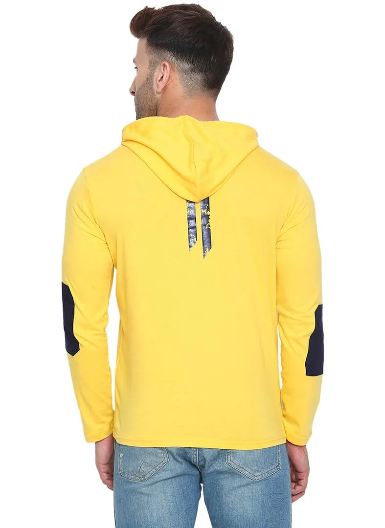 Men's Yellow Cotton Printed Hooded Tees