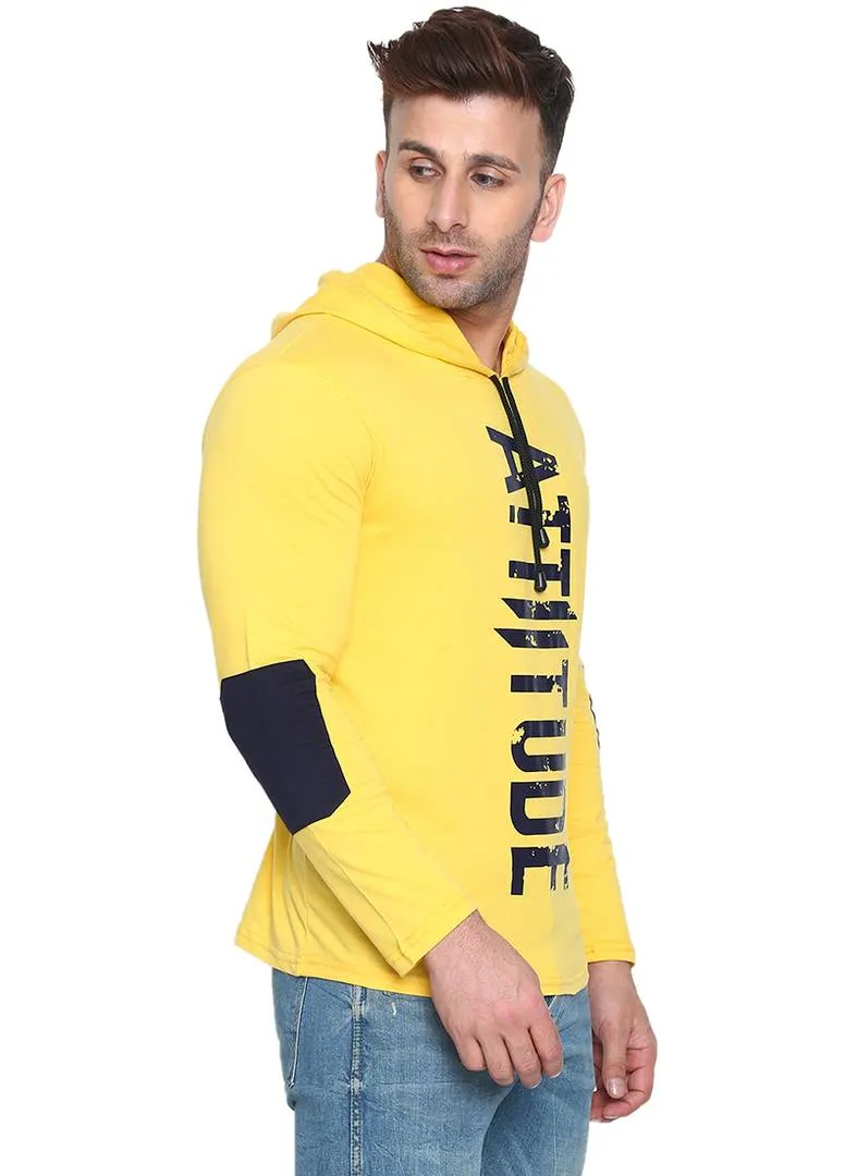 Men's Yellow Cotton Printed Hooded Tees