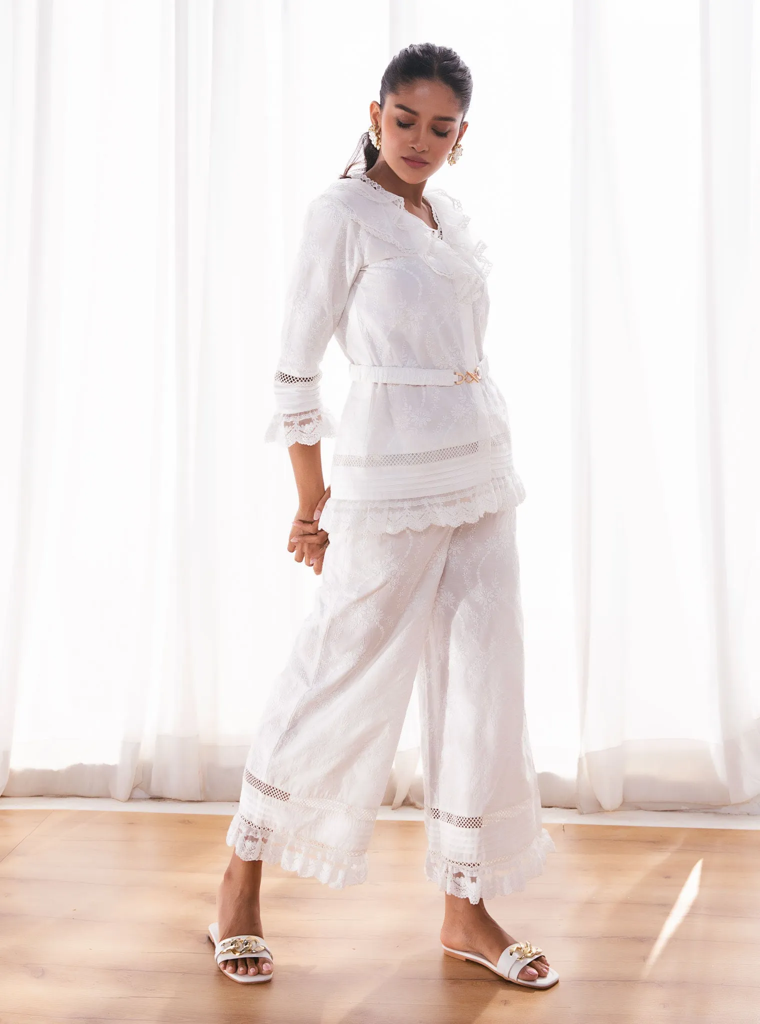 Mulmul Cotton Romily White Top With Romily White Culottes Pant