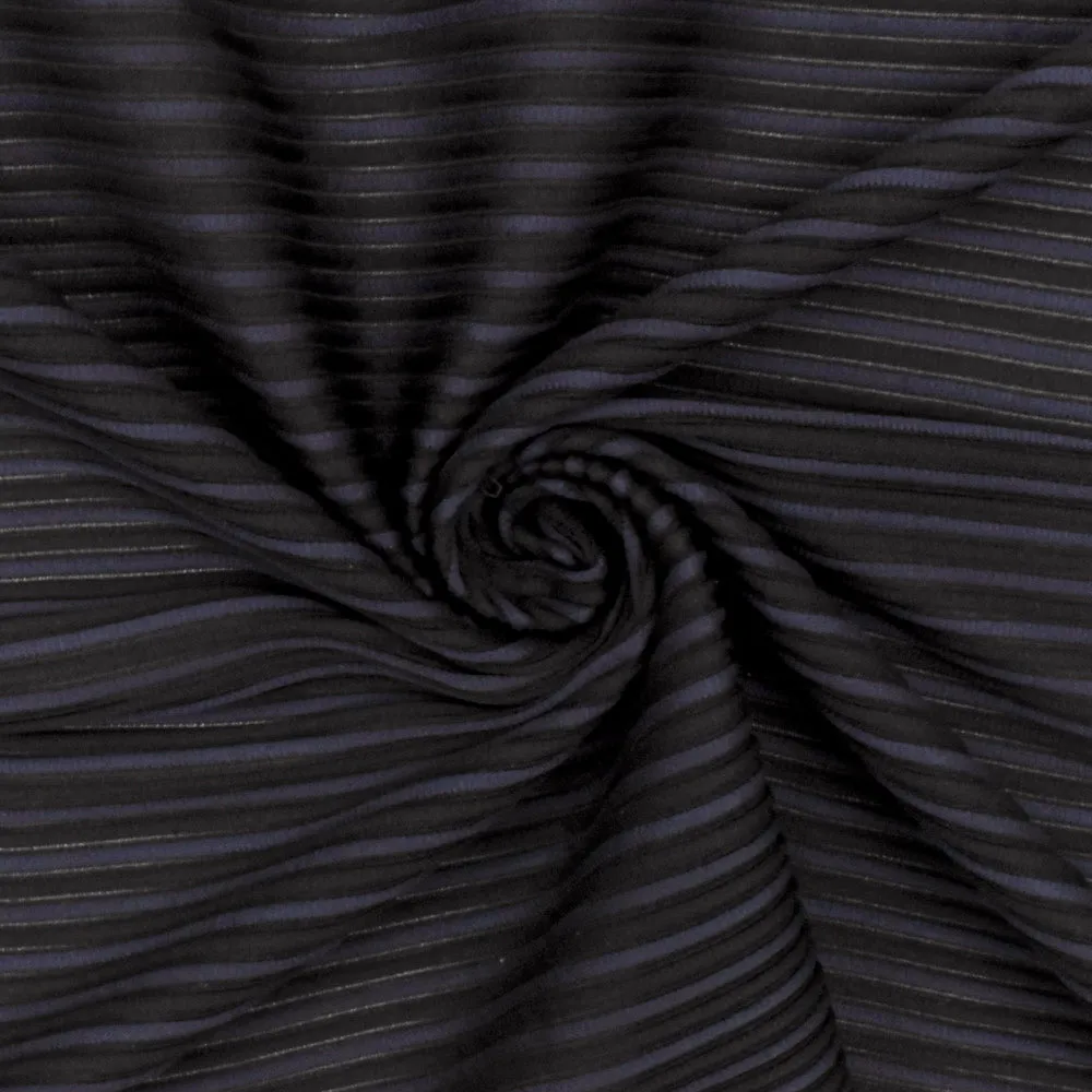 Night Navy Blue-Black 3D Stripe Stretch Polyester Semi-Sheer Knit Fabric