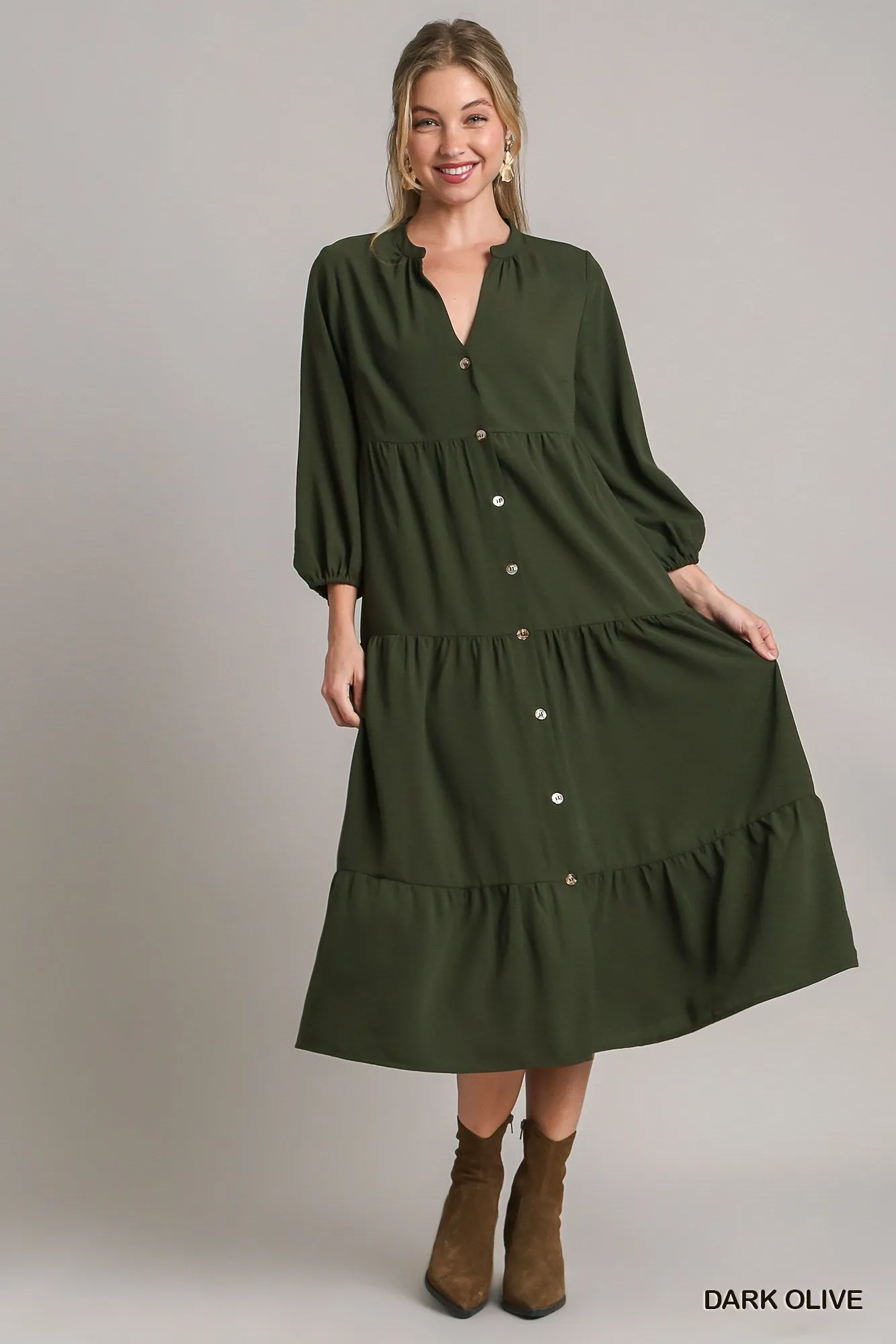 Olive Tiered Button Down Dress