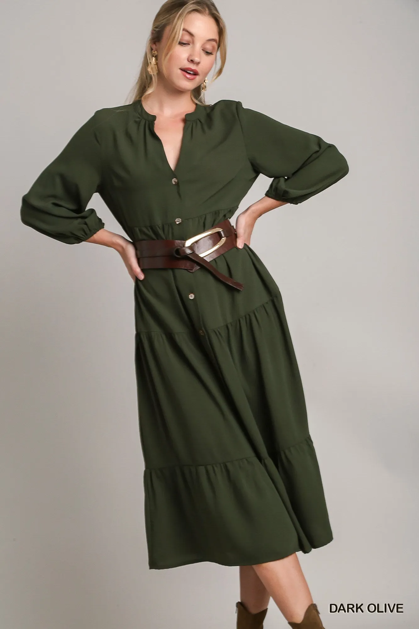 Olive Tiered Button Down Dress