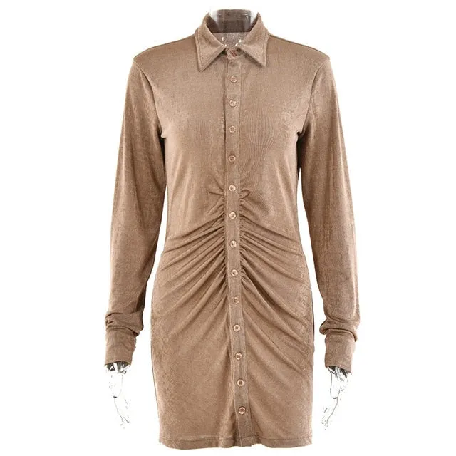 Pleated Turn-Down Collar Button Blouse Sexy Long Sleeve Mini Shirt Dress