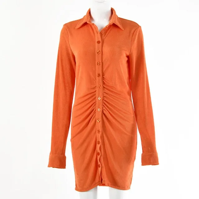 Pleated Turn-Down Collar Button Blouse Sexy Long Sleeve Mini Shirt Dress