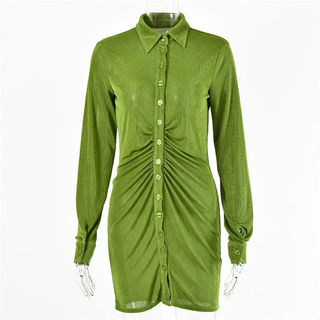 Pleated Turn-Down Collar Button Blouse Sexy Long Sleeve Mini Shirt Dress