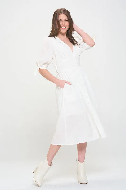 PLUS 3/4 PUFF SLV TEXTURED BUTTON DOWN MIDI DRESS