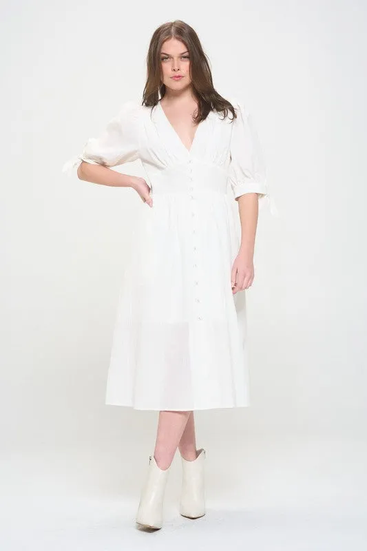 PLUS 3/4 PUFF SLV TEXTURED BUTTON DOWN MIDI DRESS