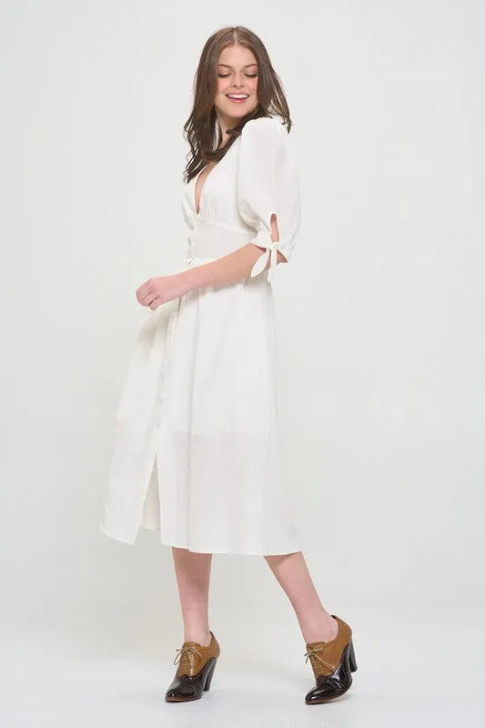 PLUS 3/4 PUFF SLV TEXTURED BUTTON DOWN MIDI DRESS