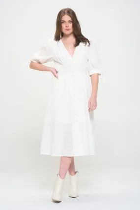 PLUS 3/4 PUFF SLV TEXTURED BUTTON DOWN MIDI DRESS